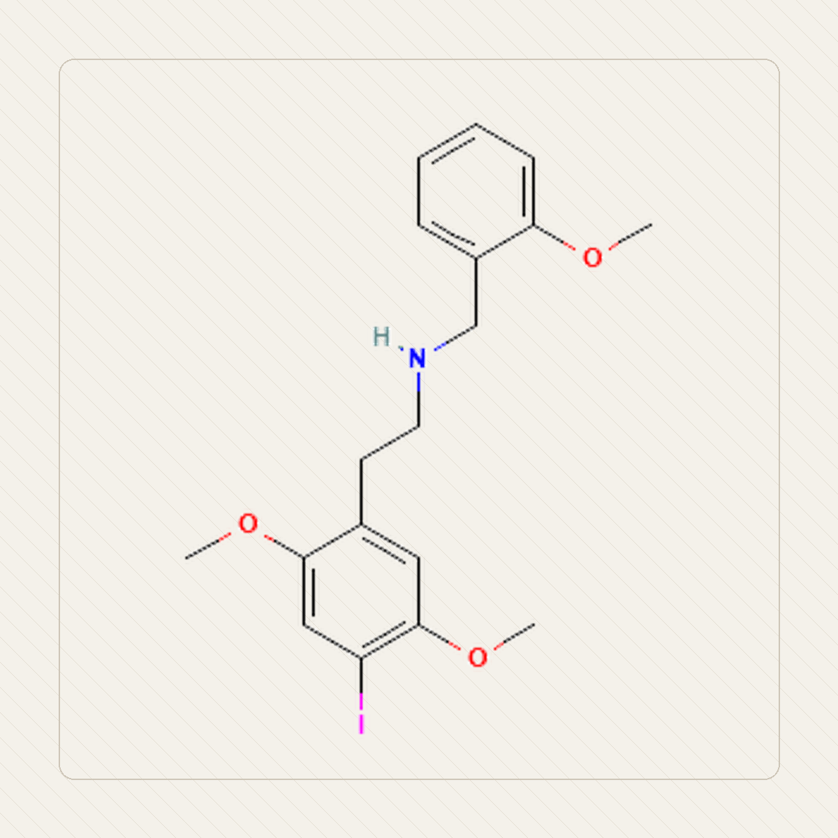 25I-NBOMe 2C-I-NBOMe, educatieve illustratie van de molecuulstructuur